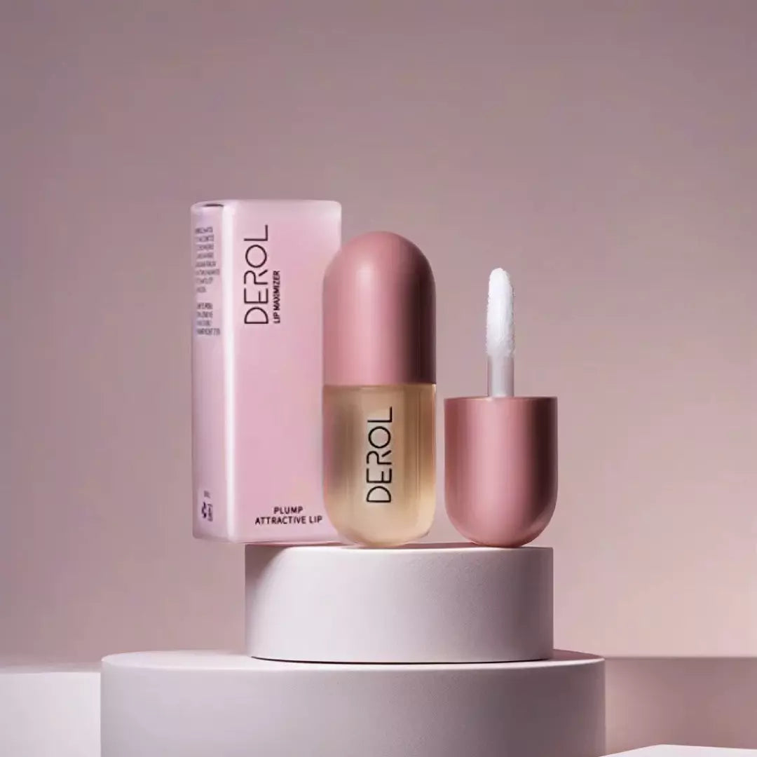 De Plumping Lipfiller van Derol staat afgebeeld op een rond pastelkleurig plateau. De natuurlijke lipfiller heeft een dag en een nacht formule.