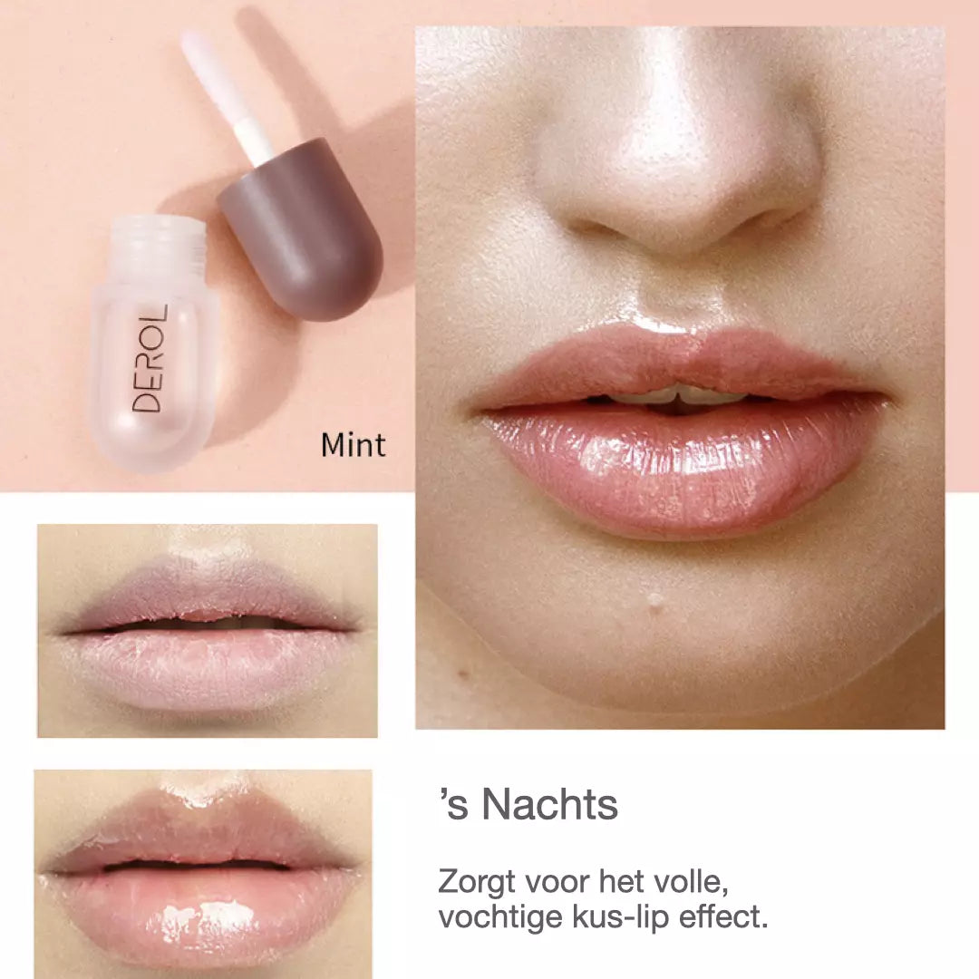 Een model toont haar glanzende volle lippen die gecreëerd zijn door de nacht formule met muntextract van de plumping lip filler.