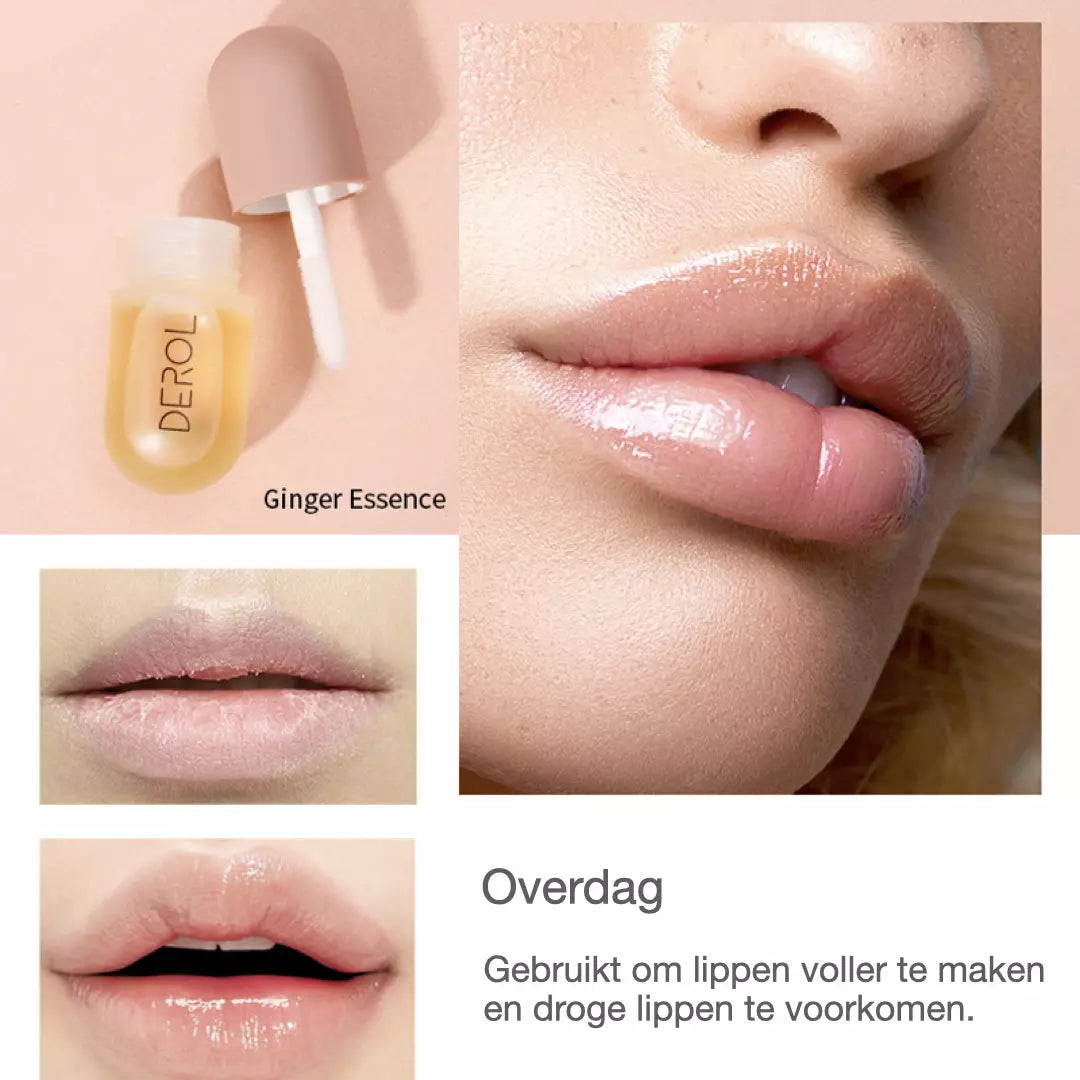 Een model toont haar glanzende volle lippen die gecreëerd zijn door de overdag ginger formule van de plumping lipfiller.